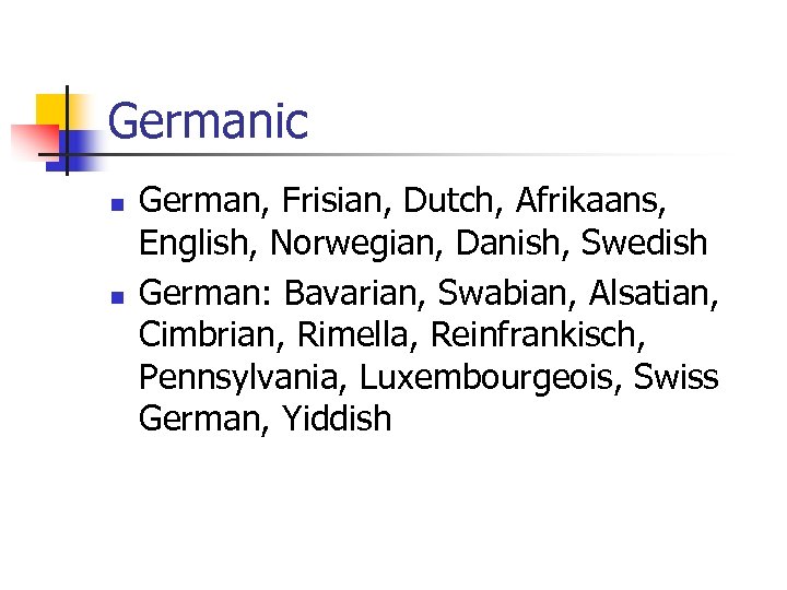 Germanic n n German, Frisian, Dutch, Afrikaans, English, Norwegian, Danish, Swedish German: Bavarian, Swabian,