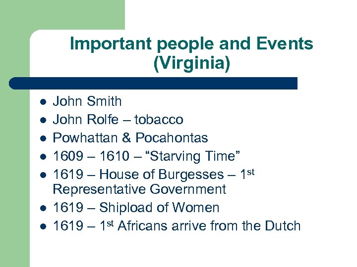 Important people and Events (Virginia) l l l l John Smith John Rolfe –