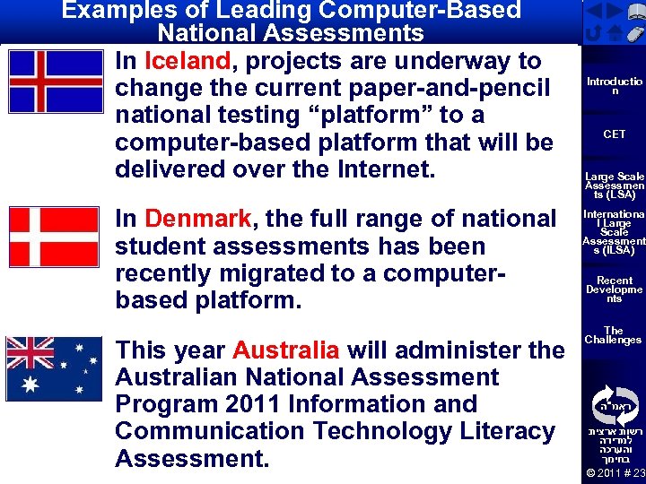 Examples of Leading Computer-Based National Assessments In Iceland, projects are underway to change the