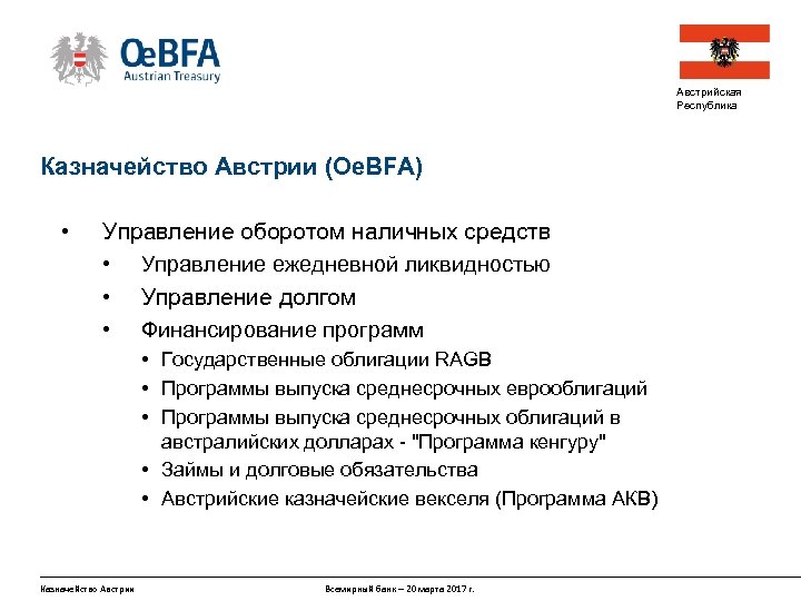 Австрийская Республика Казначейство Австрии (Oe. BFA) • Управление оборотом наличных средств • Управление ежедневной