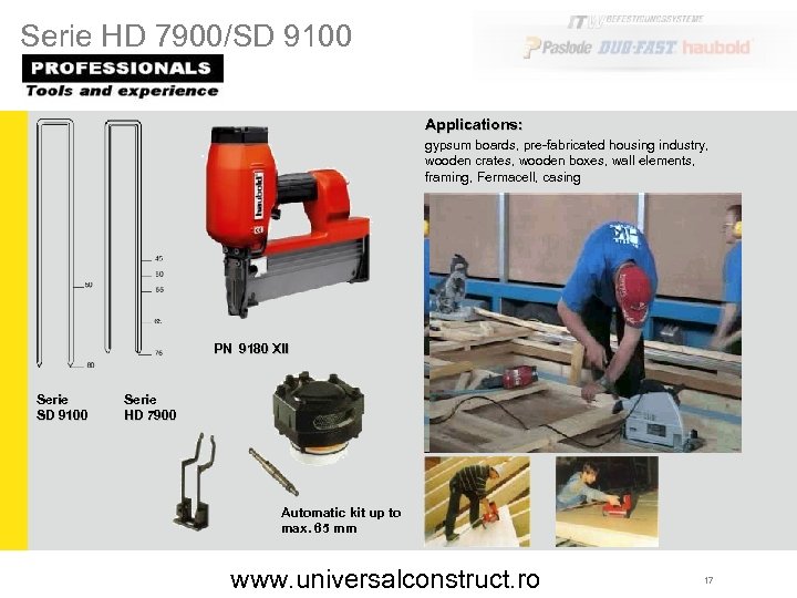 Serie HD 7900/SD 9100 Applications: gypsum boards, pre-fabricated housing industry, wooden crates, wooden boxes,