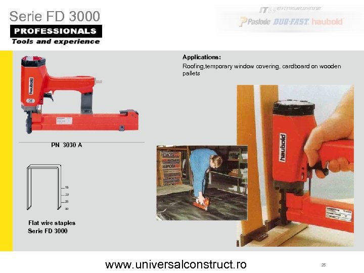 Serie FD 3000 Applications: Roofing, temporary window covering, cardboard on wooden pallets PN 3030