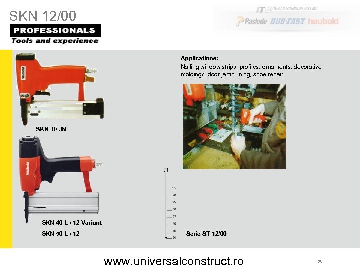 SKN 12/00 Applications: Nailing window strips, profiles, ornaments, decorative moldings, door jamb lining, shoe