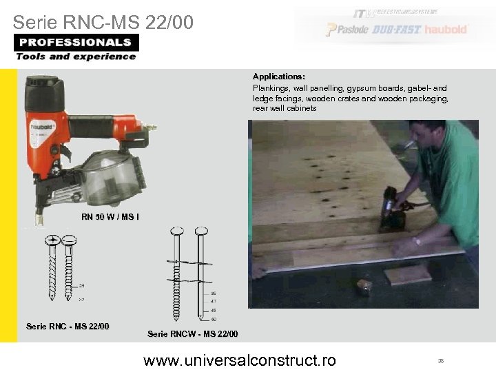 Serie RNC-MS 22/00 Applications: Plankings, wall panelling, gypsum boards, gabel- and ledge facings, wooden