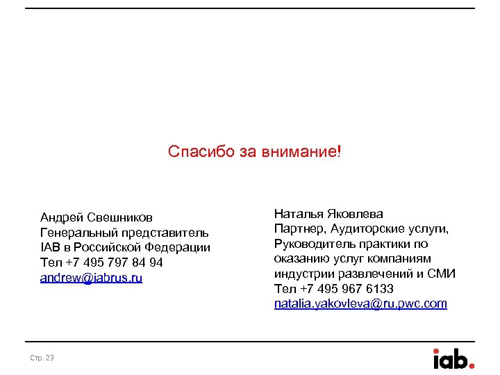 Спасибо за внимание! Андрей Свешников Генеральный представитель IAB в Российской Федерации Тел +7 495