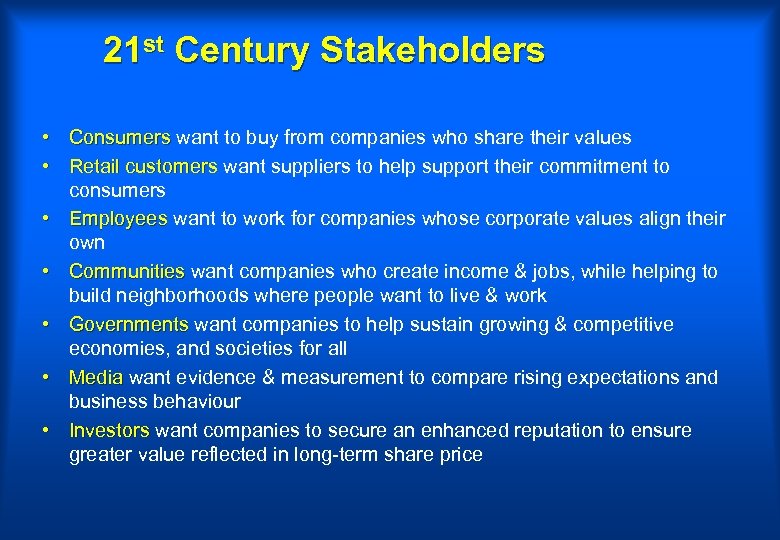 21 st Century Stakeholders • Consumers want to buy from companies who share their
