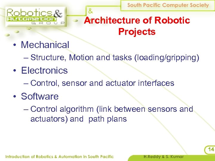 Architecture of Robotic Projects • Mechanical – Structure, Motion and tasks (loading/gripping) • Electronics
