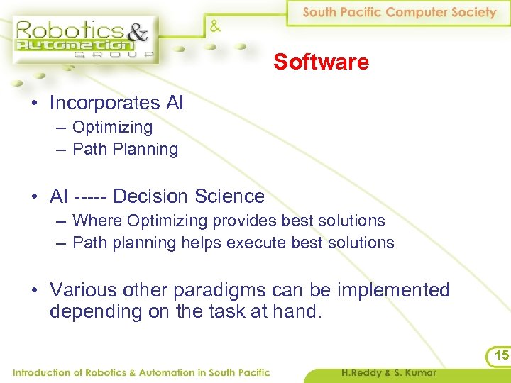 Software • Incorporates AI – Optimizing – Path Planning • AI ----- Decision Science