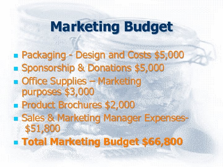 Marketing Budget n n n Packaging - Design and Costs $5, 000 Sponsorship &