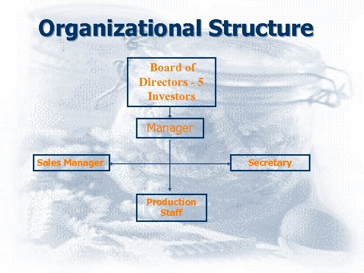 Organizational Structure Board of Directors - 5 Investors Manager Sales Manager Secretary Production Staff