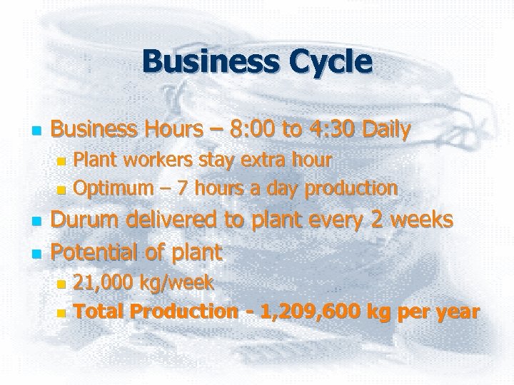 Business Cycle n Business Hours – 8: 00 to 4: 30 Daily Plant workers