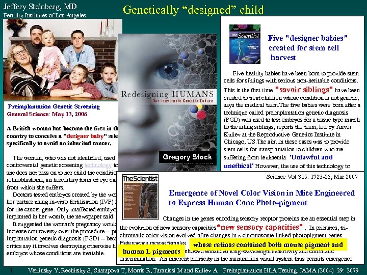 Jeffery Steinberg, MD Fertility Institutes of Los Angeles Genetically “designed” child 1997 Five 