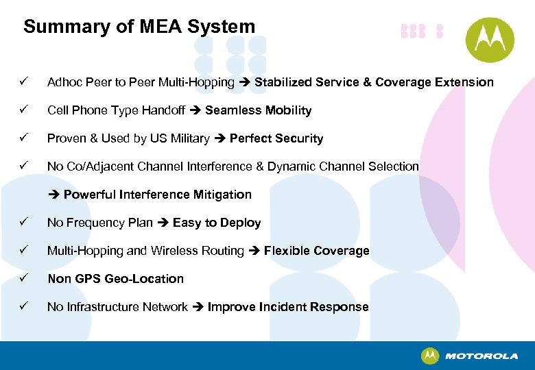 Summary of MEA System ü Adhoc Peer to Peer Multi-Hopping Stabilized Service & Coverage