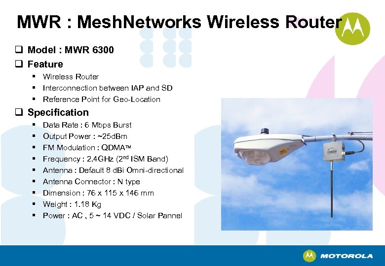 MWR : Mesh. Networks Wireless Router q Model : MWR 6300 q Feature §