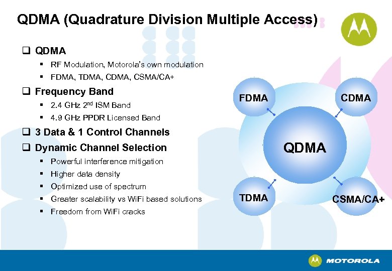 QDMA (Quadrature Division Multiple Access) q QDMA § RF Modulation, Motorola’s own modulation §