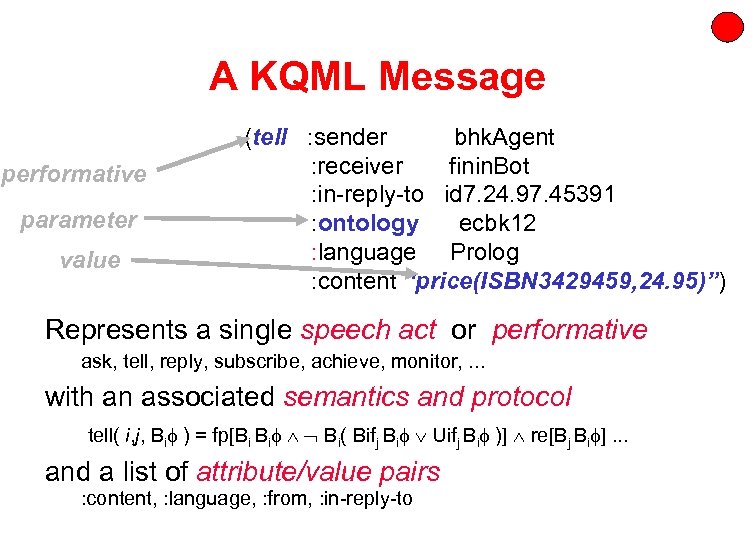 A KQML Message performative parameter value (tell : sender bhk. Agent : receiver finin.