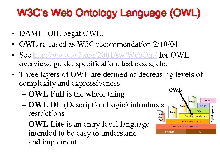 W 3 C’s Web Ontology Language (OWL) • DAML+OIL begat OWL. • OWL released