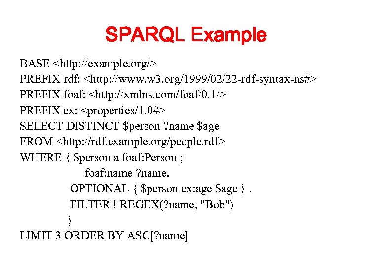 SPARQL Example BASE <http: //example. org/> PREFIX rdf: <http: //www. w 3. org/1999/02/22 -rdf-syntax-ns#>