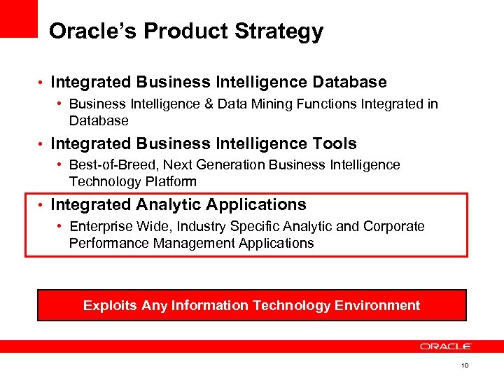 Oracle’s Product Strategy • Integrated Business Intelligence Database • Business Intelligence & Data Mining