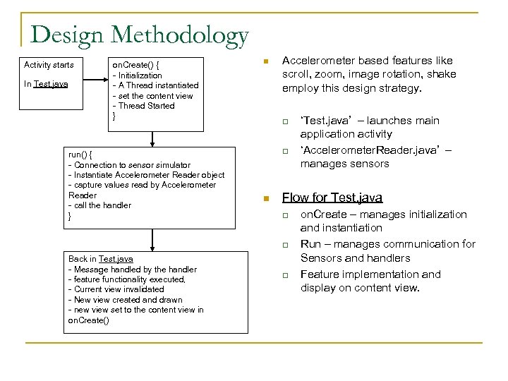 Design Methodology Activity starts In Test. java on. Create() { - Initialization - A