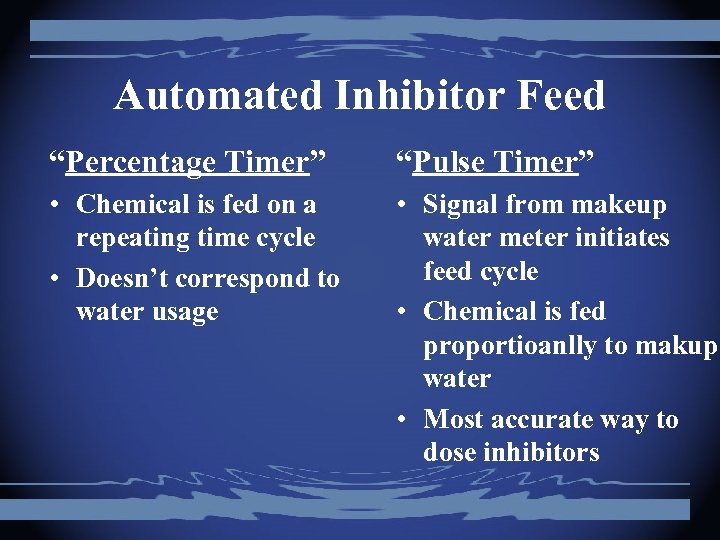 Automated Inhibitor Feed “Percentage Timer” “Pulse Timer” • Chemical is fed on a repeating