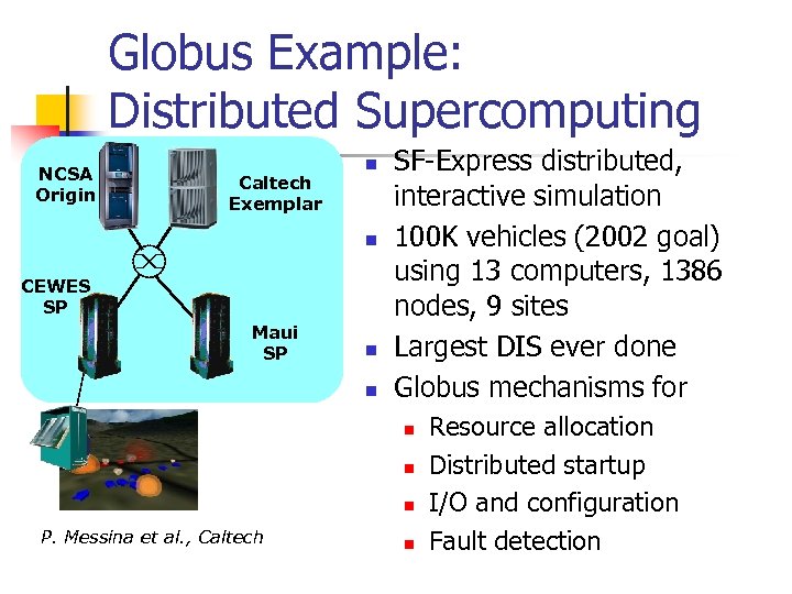 Globus Example: Distributed Supercomputing NCSA Origin Caltech Exemplar n n CEWES SP Maui SP