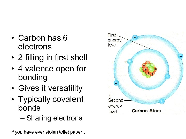 • Carbon has 6 electrons • 2 filling in first shell • 4