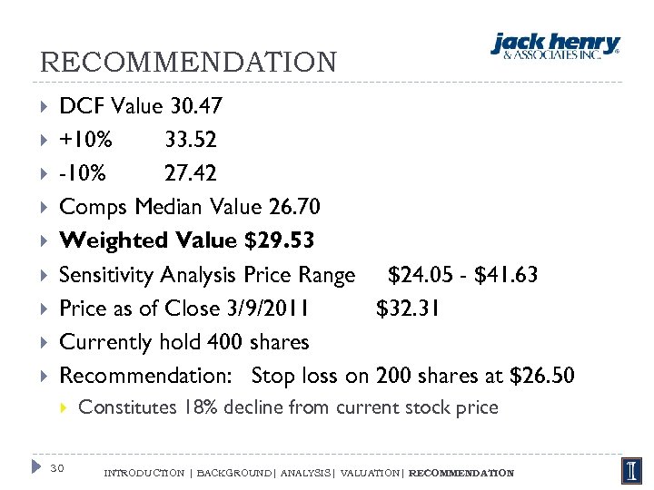 RECOMMENDATION DCF Value 30. 47 +10% 33. 52 -10% 27. 42 Comps Median Value