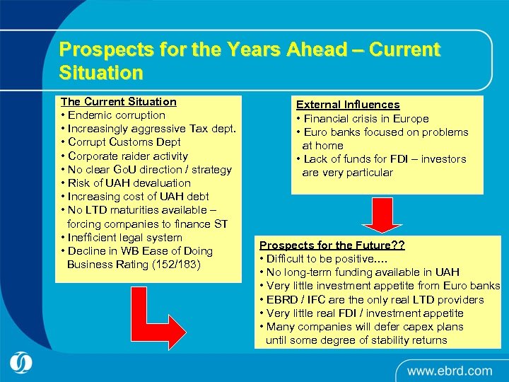 Prospects for the Years Ahead – Current Situation The Current Situation • Endemic corruption
