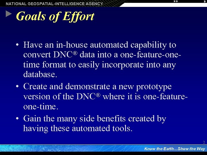 NATIONAL GEOSPATIAL-INTELLIGENCE AGENCY Goals of Effort • Have an in-house automated capability to convert