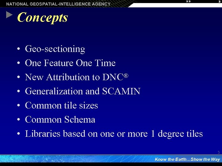 NATIONAL GEOSPATIAL-INTELLIGENCE AGENCY Concepts • • Geo-sectioning One Feature One Time New Attribution to