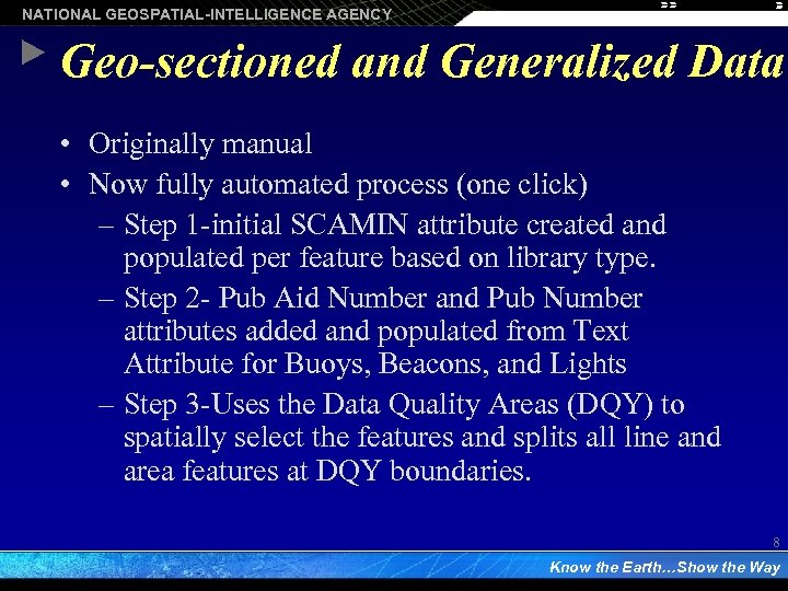 NATIONAL GEOSPATIAL-INTELLIGENCE AGENCY Geo-sectioned and Generalized Data • Originally manual • Now fully automated