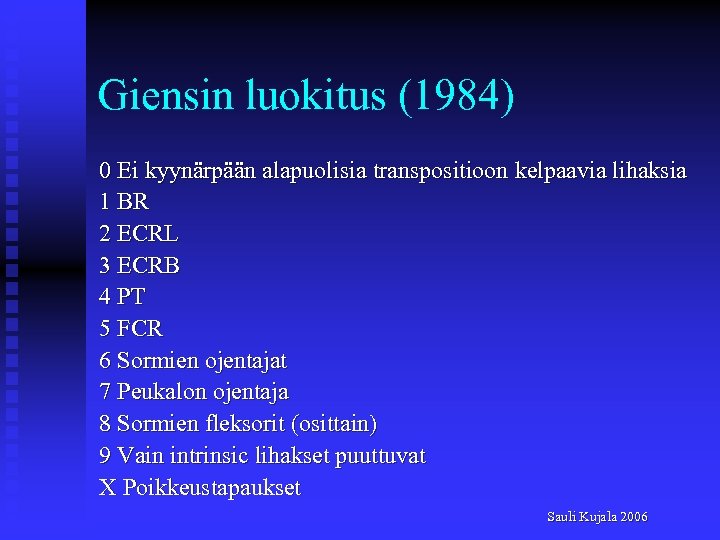 Giensin luokitus (1984) 0 Ei kyynärpään alapuolisia transpositioon kelpaavia lihaksia 1 BR 2 ECRL