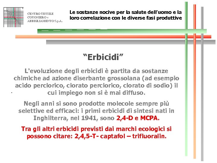CENTRO TESSILE COTONIERO e ABBIGLIAMENTO S. p. A. Le sostanze nocive per la salute
