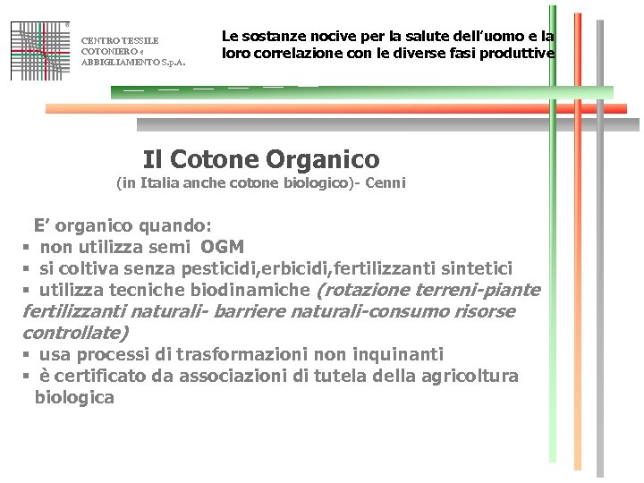 CENTRO TESSILE COTONIERO e ABBIGLIAMENTO S. p. A. Le sostanze nocive per la salute