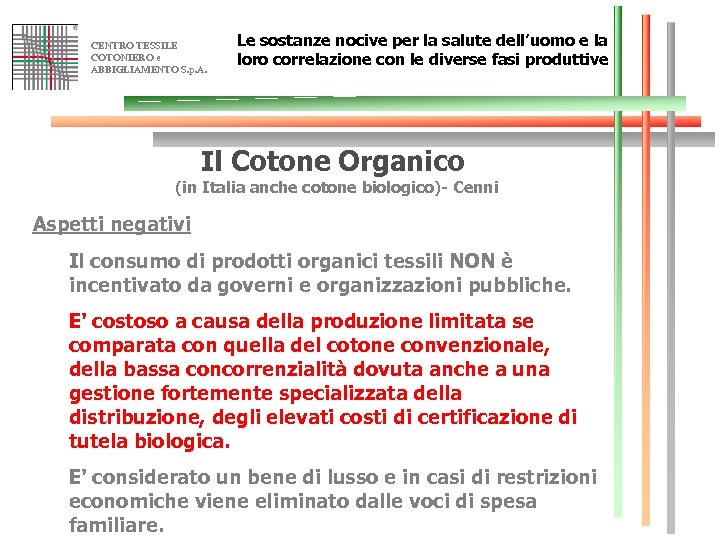 CENTRO TESSILE COTONIERO e ABBIGLIAMENTO S. p. A. Le sostanze nocive per la salute