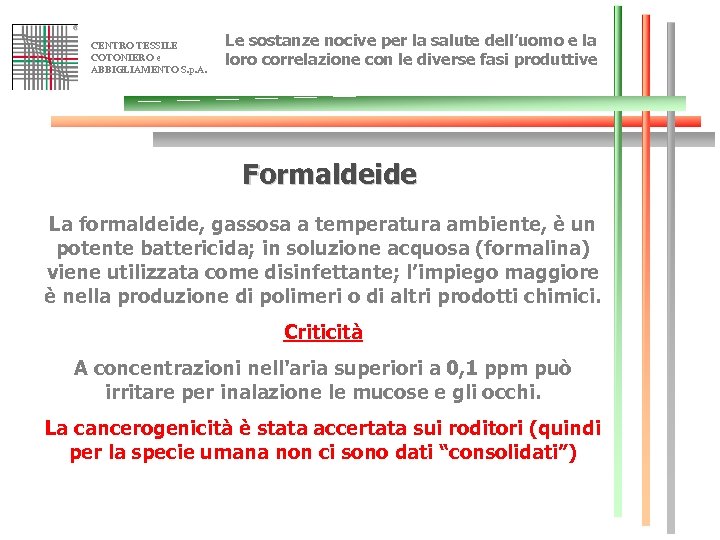 CENTRO TESSILE COTONIERO e ABBIGLIAMENTO S. p. A. Le sostanze nocive per la salute