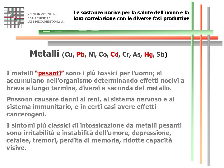 CENTRO TESSILE COTONIERO e ABBIGLIAMENTO S. p. A. Le sostanze nocive per la salute