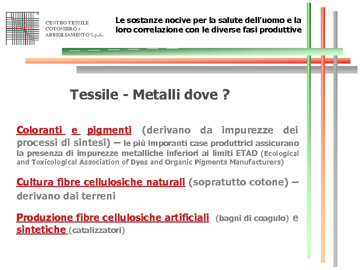 CENTRO TESSILE COTONIERO e ABBIGLIAMENTO S. p. A. Le sostanze nocive per la salute