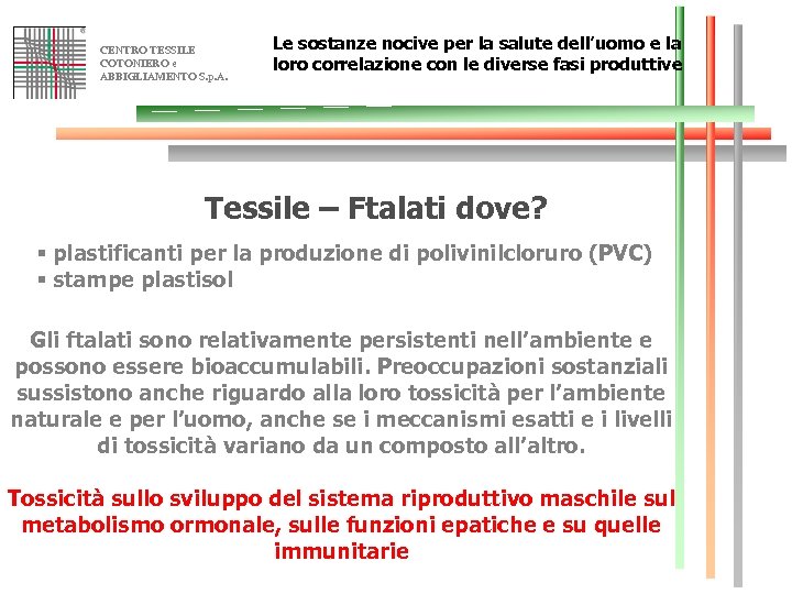 CENTRO TESSILE COTONIERO e ABBIGLIAMENTO S. p. A. Le sostanze nocive per la salute