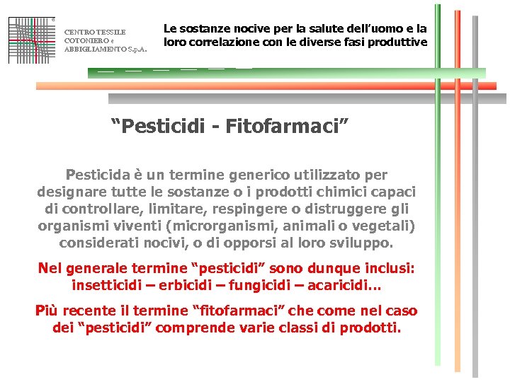 CENTRO TESSILE COTONIERO e ABBIGLIAMENTO S. p. A. Le sostanze nocive per la salute