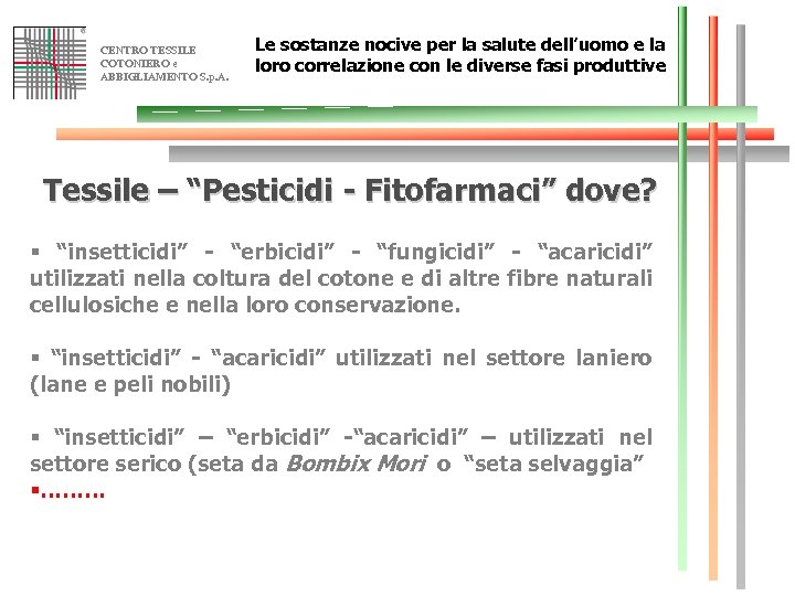 CENTRO TESSILE COTONIERO e ABBIGLIAMENTO S. p. A. Le sostanze nocive per la salute