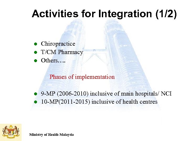 Activities for Integration (1/2) l l l Chiropractice T/CM Pharmacy Others…. Phases of implementation