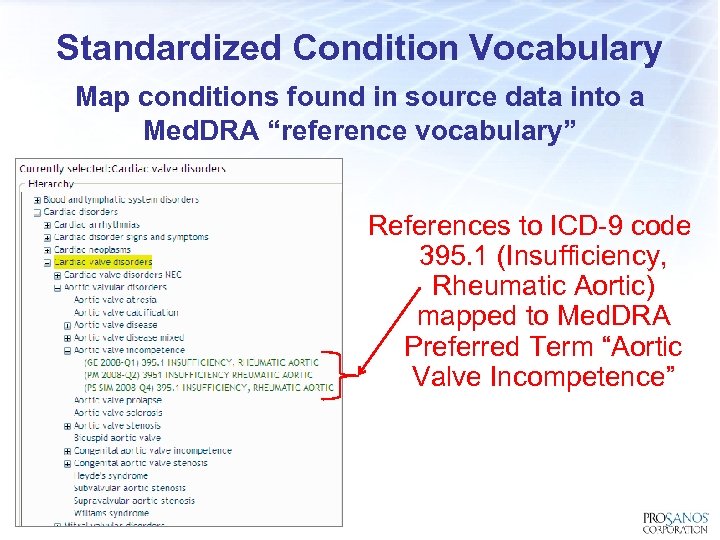 Standardized Condition Vocabulary Map conditions found in source data into a Med. DRA “reference