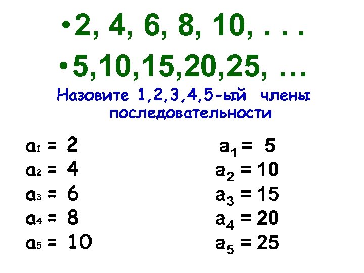  • 2, 4, 6, 8, 10, . . . • 5, 10, 15,