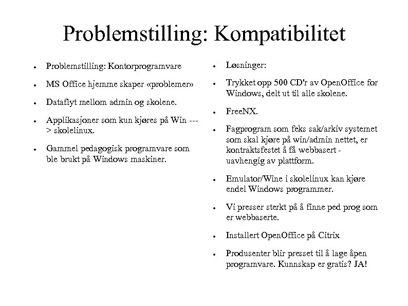 Problemstilling: Kompatibilitet ● Problemstilling: Kontorprogramvare ● ● MS Office hjemme skaper «problemer» ● ●