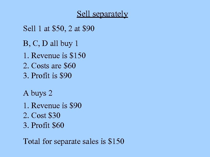 Sell separately Sell 1 at $50, 2 at $90 B, C, D all buy