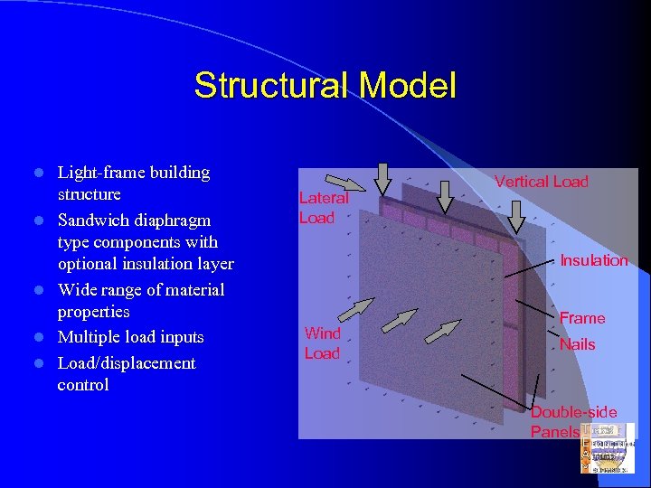 Structural Model l l Light-frame building structure Sandwich diaphragm type components with optional insulation