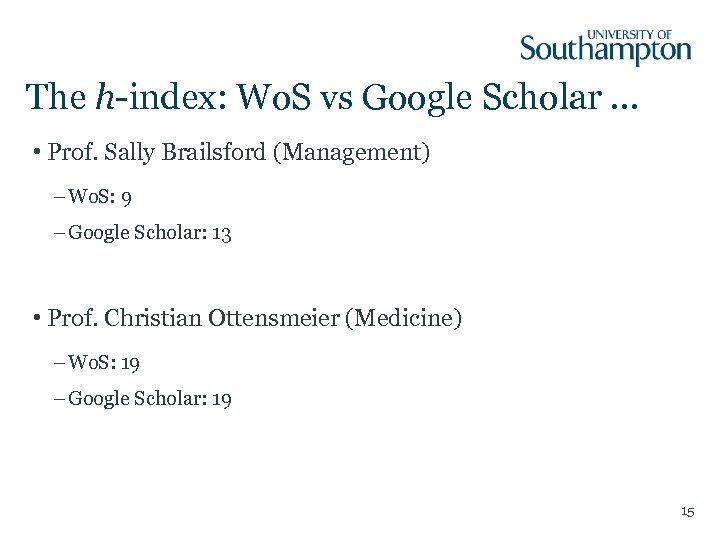 The h-index: Wo. S vs Google Scholar … • Prof. Sally Brailsford (Management) –