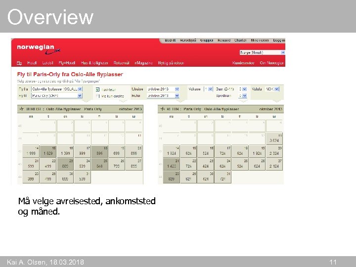 Overview Må velge avreisested, ankomststed og måned. Kai A. Olsen, 18. 03. 2018 11